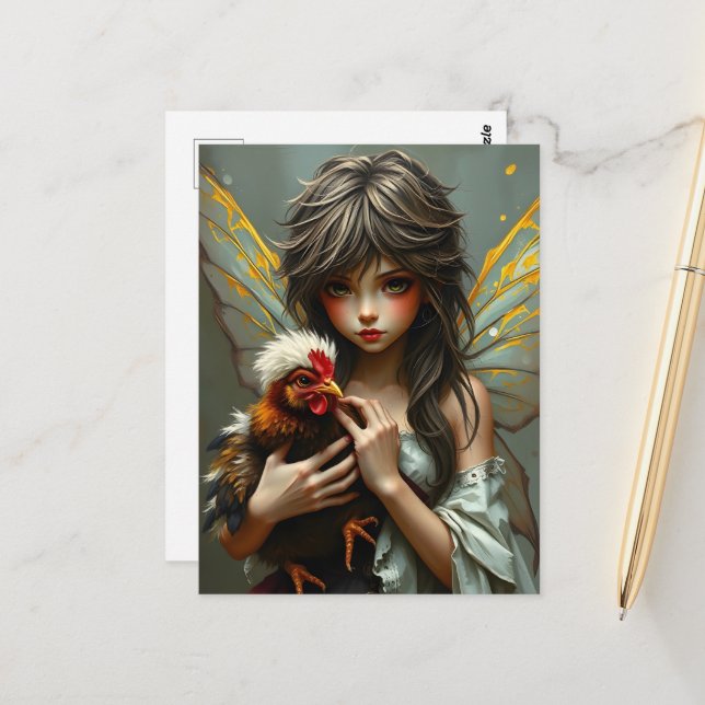 Carte Postale Fée avec un poulet (Devant/Arrière en situation)
