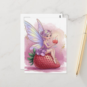 Carte Postale Fée avec un verre de punch aux fraises Fantaisie