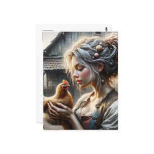 Carte Postale Fée avec une poule