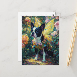 Carte Postale Fée Boston Terrier dans un jardin de roses
