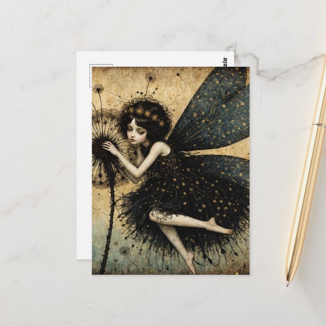 Carte Postale Fée Dandelion foncé (Devant/Arrière en situation)