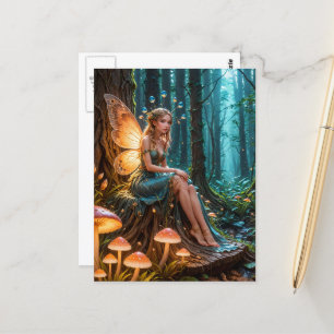 Carte Postale Fée dans une forêt de champignons brillants magiqu