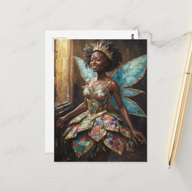 Carte Postale Fée dans une robe dorée (Devant/Arrière en situation)