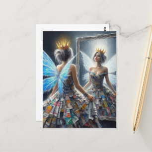 Carte Postale Fée dans une robe Recyclée regarde en miroir