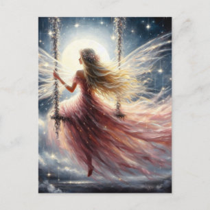 Carte Postale Fée dans une robe rose sur un Imaginaire à aile