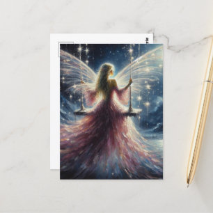 Carte Postale Fée dans une robe rose sur un swing