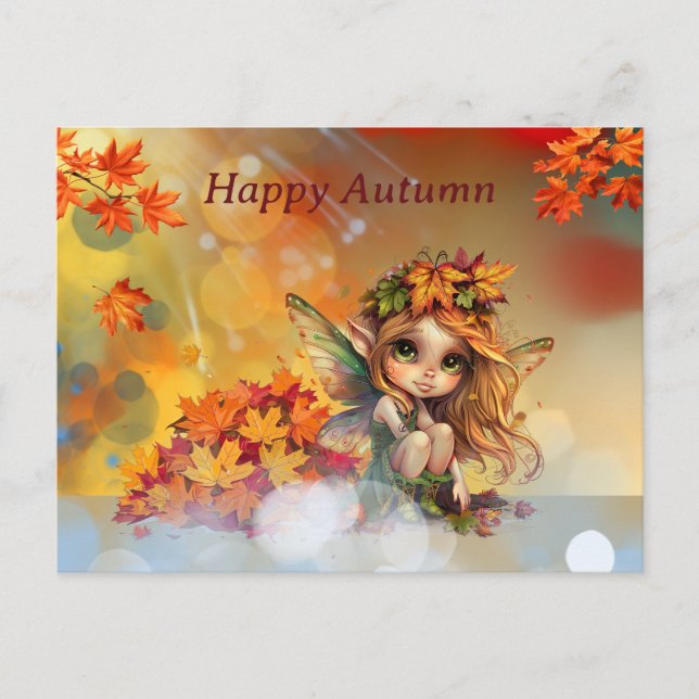 Carte Postale Fée d'automne mignonne avec Feuilles tombés (Devant)