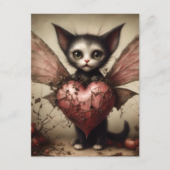Carte Postale Fée de chat de chauve-souris grise au coeur rose (Devant)