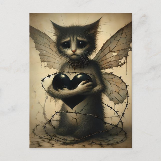 Carte Postale Fée De Chat Triste Au Coeur Noir (Devant)
