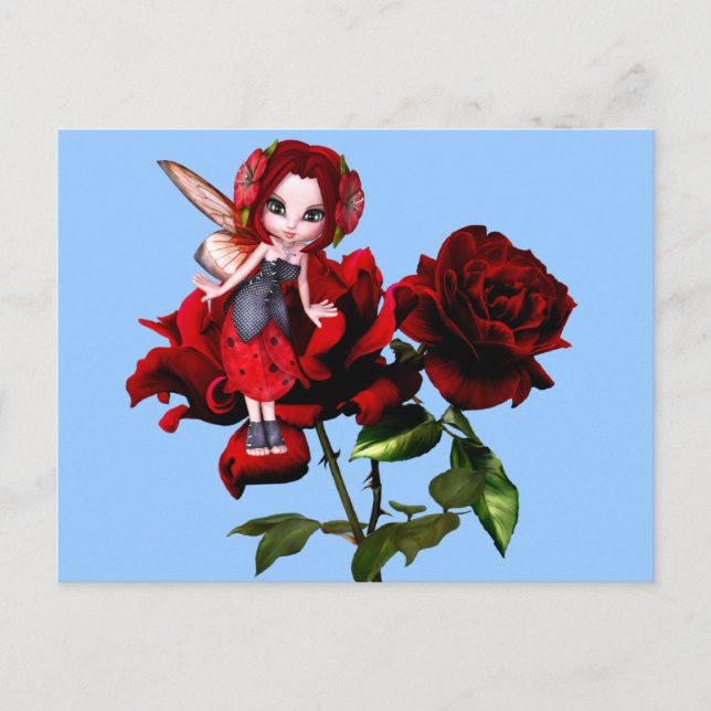 Carte Postale Fée de coccinelle sur les roses rouges (Devant)