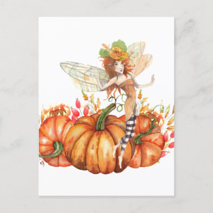 Carte Postale Fée de forêt & Bouquet Citrouille d'automne