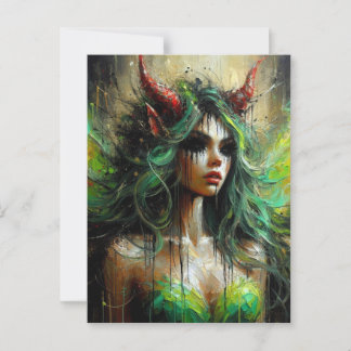 Carte Postale Fée en vert avec cornes rouges Imaginaire foncé