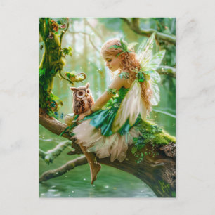 Carte Postale Fée Enchanteresse avec Hibou en Forêt