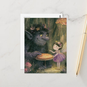 Carte Postale Fée et fête de pizza de troll mignon dans les bois