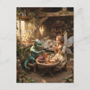 Carte Postale Fée et petit dragon vert prenant le thé