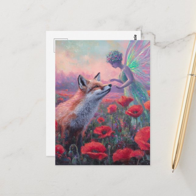 Carte Postale Fée et renard rouge (Devant/Arrière en situation)