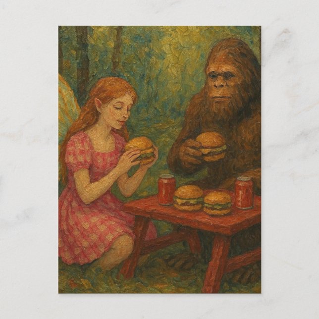 Carte Postale Fée et Sasquatch mangeant des cheeseburgers en for (Devant)