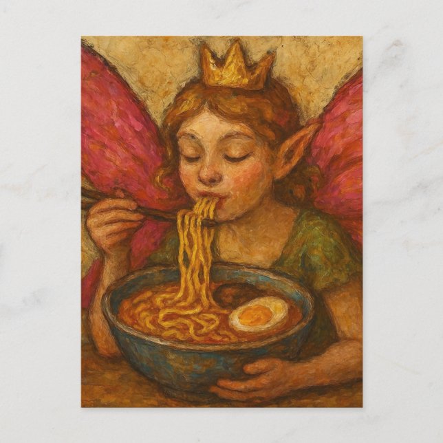 Carte Postale Fée mignonne avec ailes roses manger Ramen (Devant)