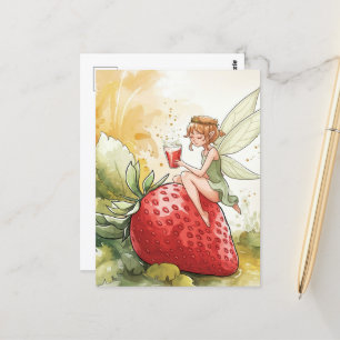 Carte Postale Fée mignonne avec verre de fraise Punch Imaginaire