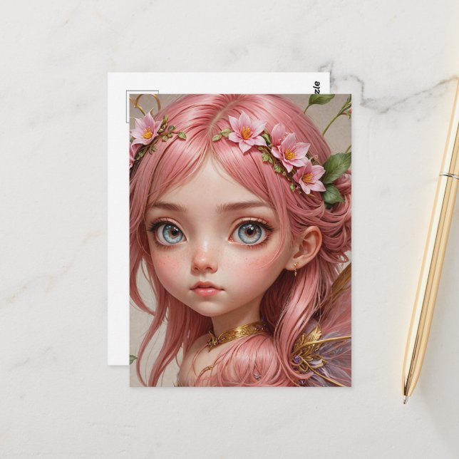 Carte Postale Fée rose adorable (Devant/Arrière en situation)