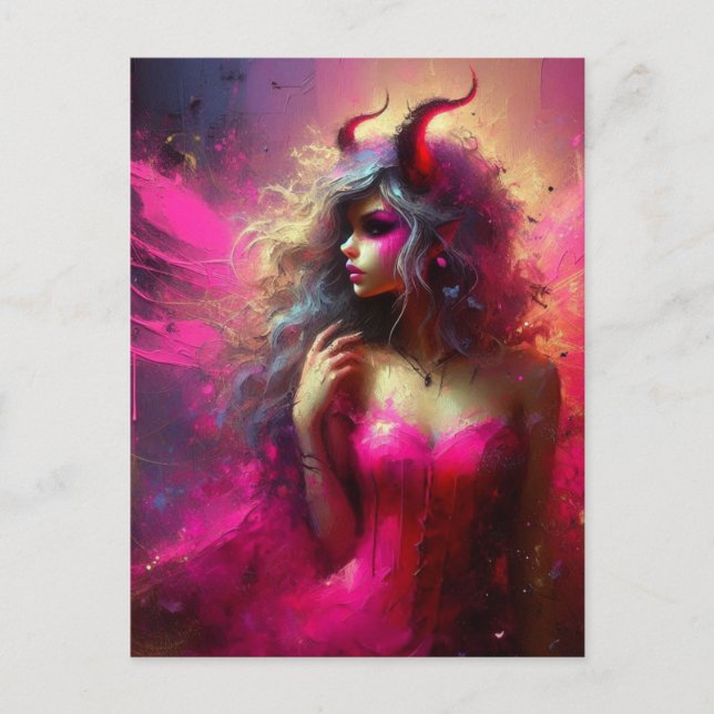 Carte Postale Fée rose Avec Cornes Imaginaire Art (Devant)