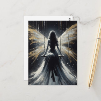 Carte Postale Fée sur une balançoire la nuit en robe blanche