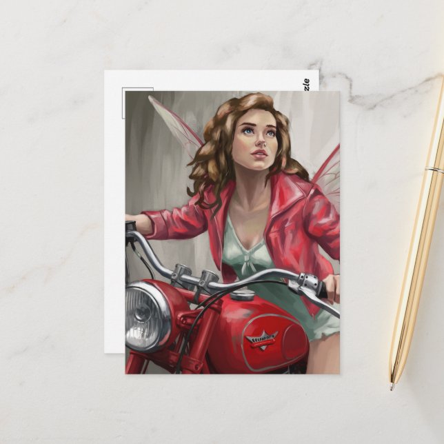 Carte Postale Fée sur une moto (Devant/Arrière en situation)