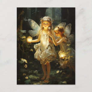 Carte Postale Fées de bois forestier Lanternes brillantes