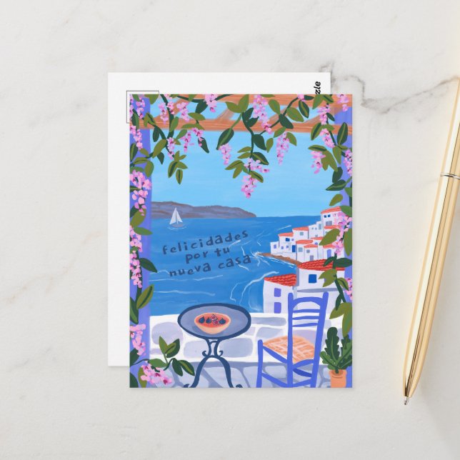 Carte Postale Felicidades Por Nueva Casa Vues sur la mer Art (Devant/Arrière en situation)