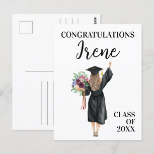 Carte Postale Félicitations Aquarelle Diplômée Fleurs Filles