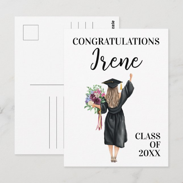 Carte Postale Félicitations Fille Diplômée Aquarelle Fleurs  (Devant / Derrière)