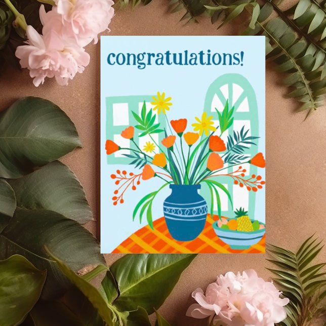 Carte Postale FÉLICITATIONS Joli Bouquet Floral Amusant Personna (Colorful fun congratulations card with vase of flowers, customize this postcard with your own text)