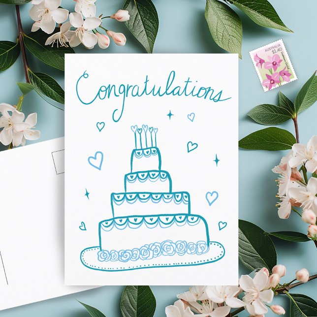 Carte Postale Félicitations Mariage Fiançailles Croquis Gribouil (Congratulations Wedding Engagement Sketch Doodle Postcard Cake Whimsical)