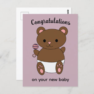 Carte Postale Félicitations Nouvelle Bébée Fille Ours Rose