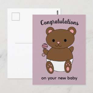 Carte Postale Félicitations Nouvelle Ourse Rose Bébé Fille