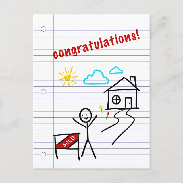Carte Postale félicitations pour la maison cahier papier esquiss (Devant)