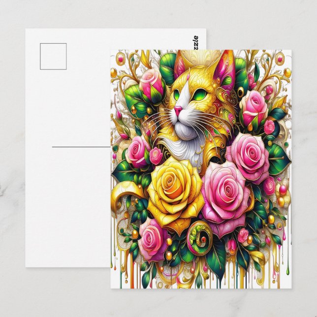 Carte Postale Feline au milieu d'une floraison vibrante (Devant / Derrière)