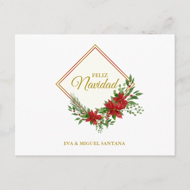 Carte Postale Feliz Navidad Español con Flor de Pascua y Acebo (Devant)