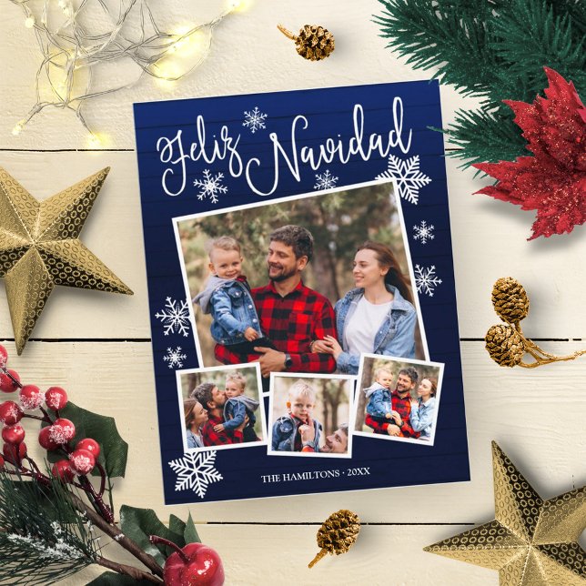Carte Postale Feliz Navidad Snowflake Rustic 4 Photos Noël (Créateur téléchargé)
