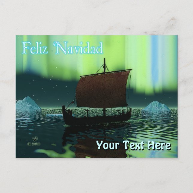 Carte Postale Feliz Navidad - Viking Ship Et Les Lumières Du Nor (Devant)