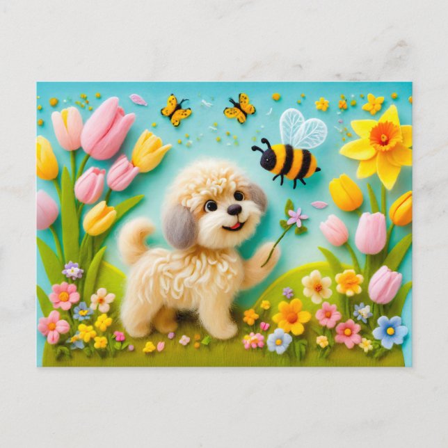 Carte Postale Felt Chien avec fleurs du printemps (Devant)