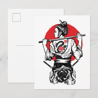 Carte Postale Female Samurai Dragon Rose – Japanese Warrior 