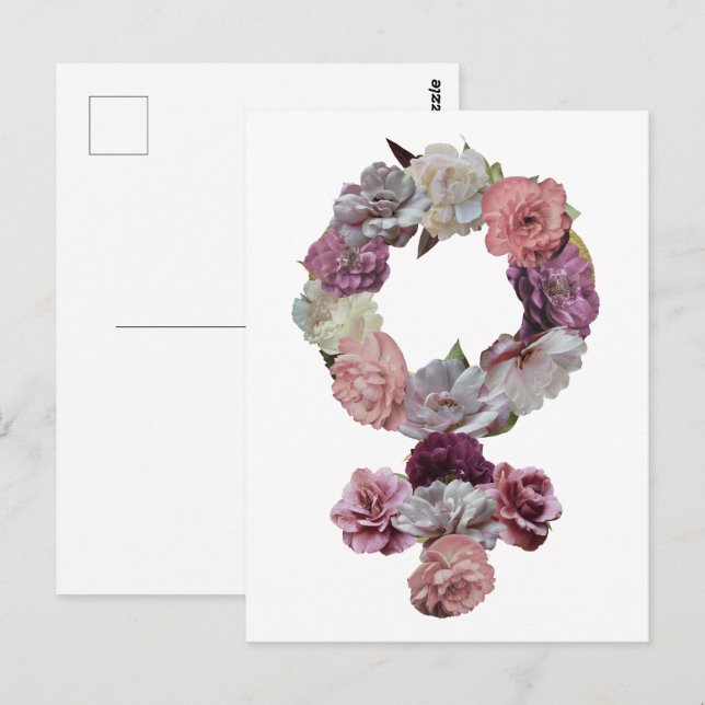 Carte Postale Feministe - Symbole de Vénus féminin avec fleurs (Devant / Derrière)
