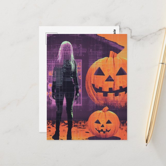 Carte Postale Femme à l'Halloween violet orange (Devant/Arrière en situation)