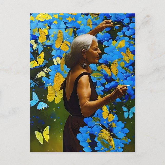 Carte Postale Femme âgée aux papillons bleus et jaunes (Devant)