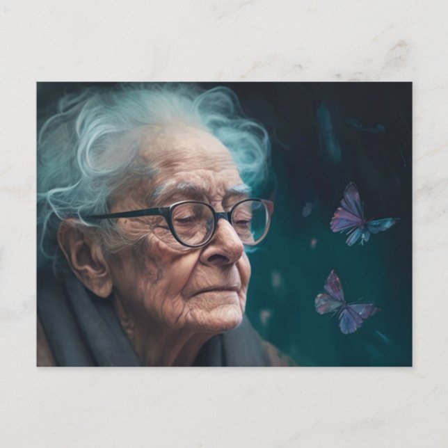 Carte Postale Femme Âgée Avec Papillons (Devant)