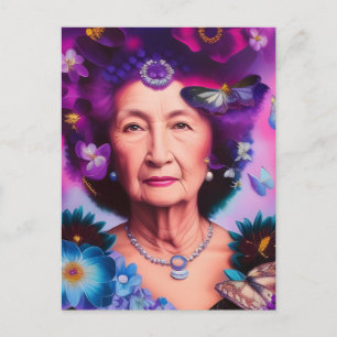 Carte Postale Femme âgée avec papillons et fleurs