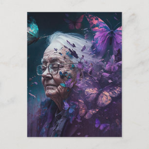Carte postale Femme Âgée Avec Papillons Violets
