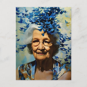 Carte Postale Femme âgée et papillons bleus