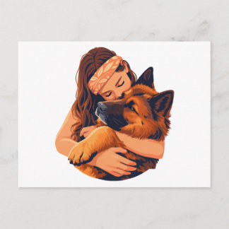 Carte Postale Femme aimante étreignant un chien Berger Allemand